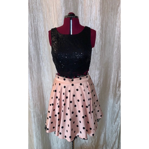 Two Piece Party Dress Black Sequins Crop Top with Pink Polkadots & Tool Skirt - Picture 1 of 7